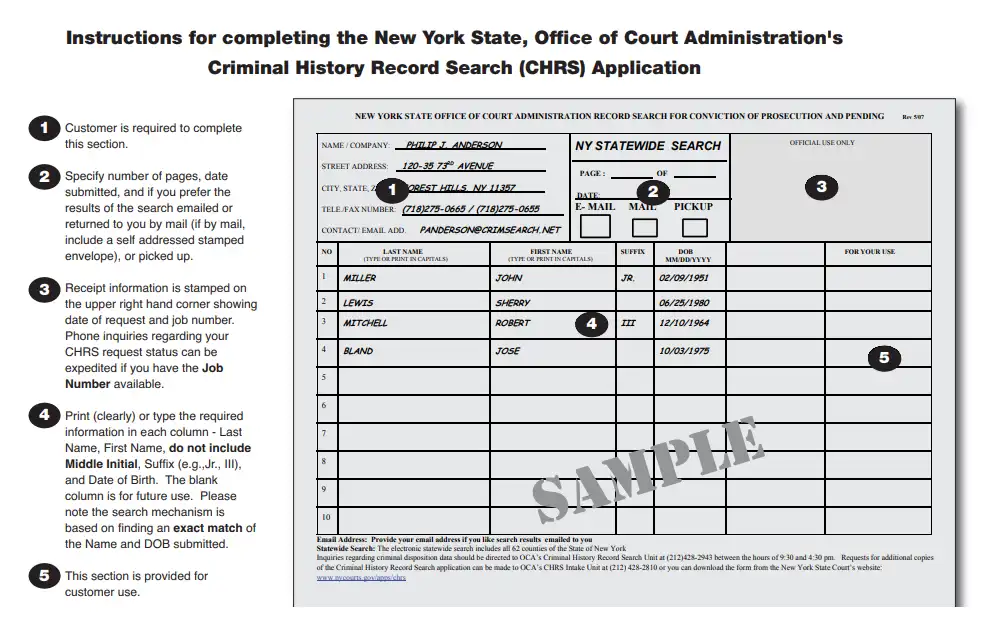 A screenshot of the New York State Office of Court Administration's Criminal History Record Search (CHRS) Application sample with five instructions for completing the form.