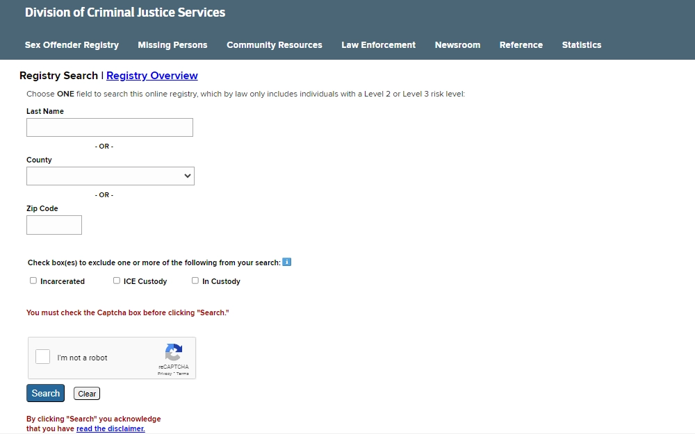 A screenshot of the Sex Offender Registry of the New York City Division of Criminal Justice Services, displaying any of the following fields to search by: last name, county, or zip code and also if the offender is currently incarcerated, in ICE custody, or in custody.