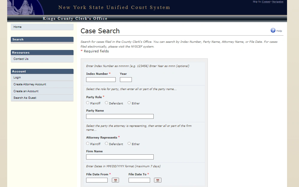 A screenshot of the Case Search tool of the King County Clerk's Office in the New York State Unified Court System with the following required fields to fill out: index number, party role, representing attorney, file date, and other info. 