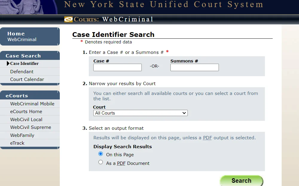 A screenshot of the eCourts portal of the New York State Unified Court System showing the Case Identifier Search tool with the following search criteria: case or summons number, name of court, and the type of output format. 