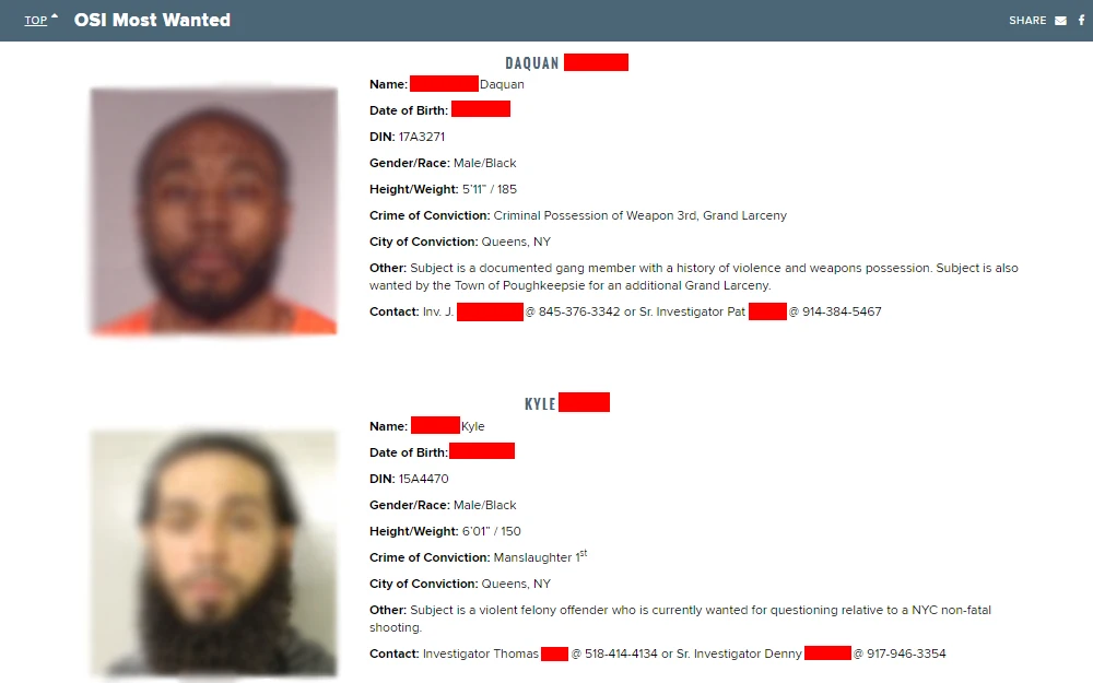 A screenshot showing the Office of Special Investigations' "Most Wanted" with their name, mugshot, date of birth, DIN, gender and race, height and weight, crime of conviction, city of correction, contact information, and other details. 