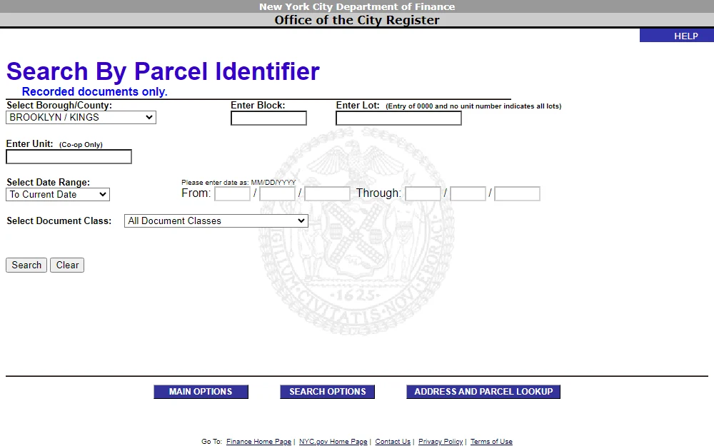 A screenshot of the Automated City Register Information System (ACRIS) of the New York City Department of Finance, where the individual can search for property records via parcel identifier by providing the county, block number, lot number, unit number, date range, and the document class.