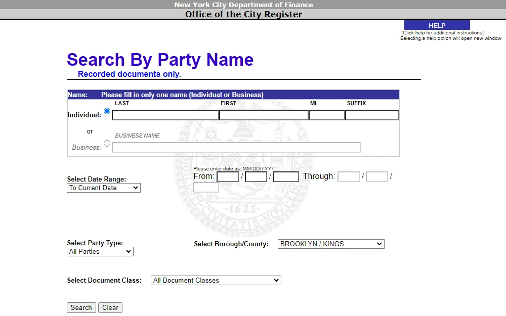 A screenshot of the Automated City Register Information System (ACRIS) of the New York City Department of Finance, where anyone can search for property records via party name by providing the full name of an individual or a business, date range, party type, county, and document class.