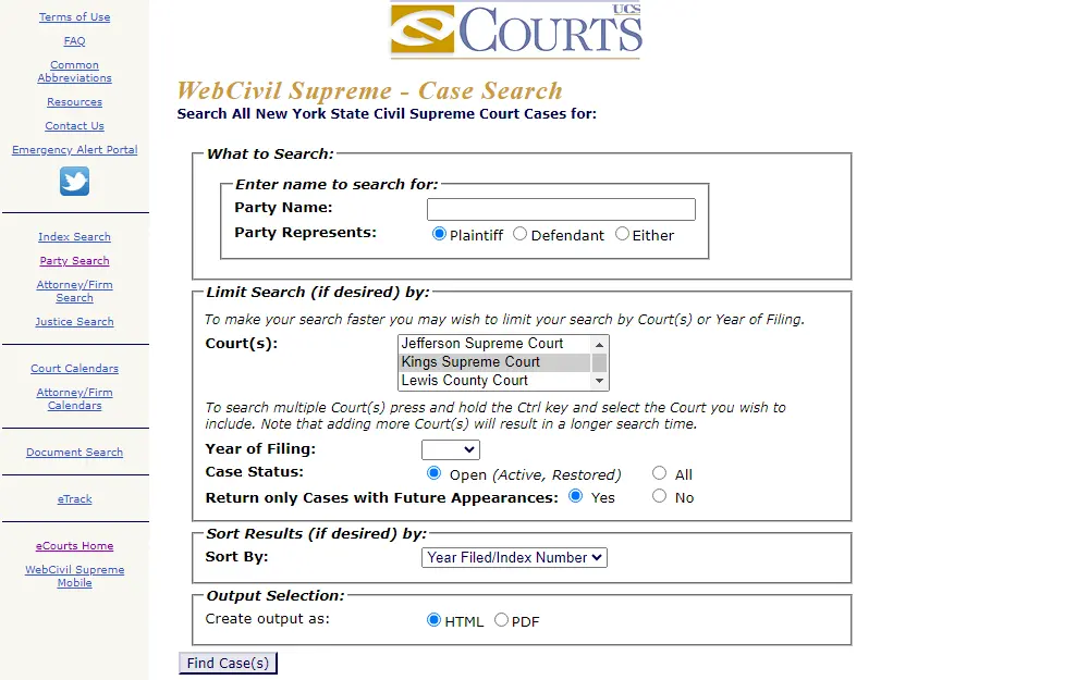 A screenshot of eCourts' Case search tool where an individual can search for all New York State Civil Supreme Court Cases by providing the party name, party representation, name of the court, year of filing, and other relevant details.