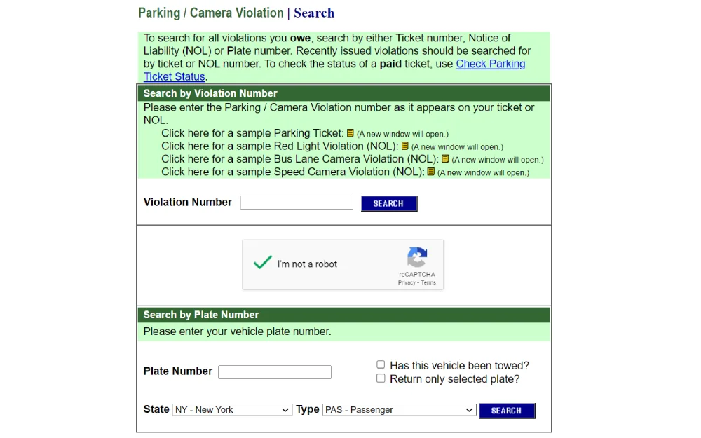 A screenshot showing a parking and camera violation search with filter criteria such as violation number, plate number, state, and type from the New York City Government website.