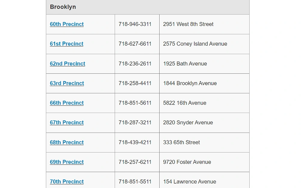 A screenshot showing a Brooklyn precinct list displaying the precinct's name, telephone number and address from the New York City Police Department website.