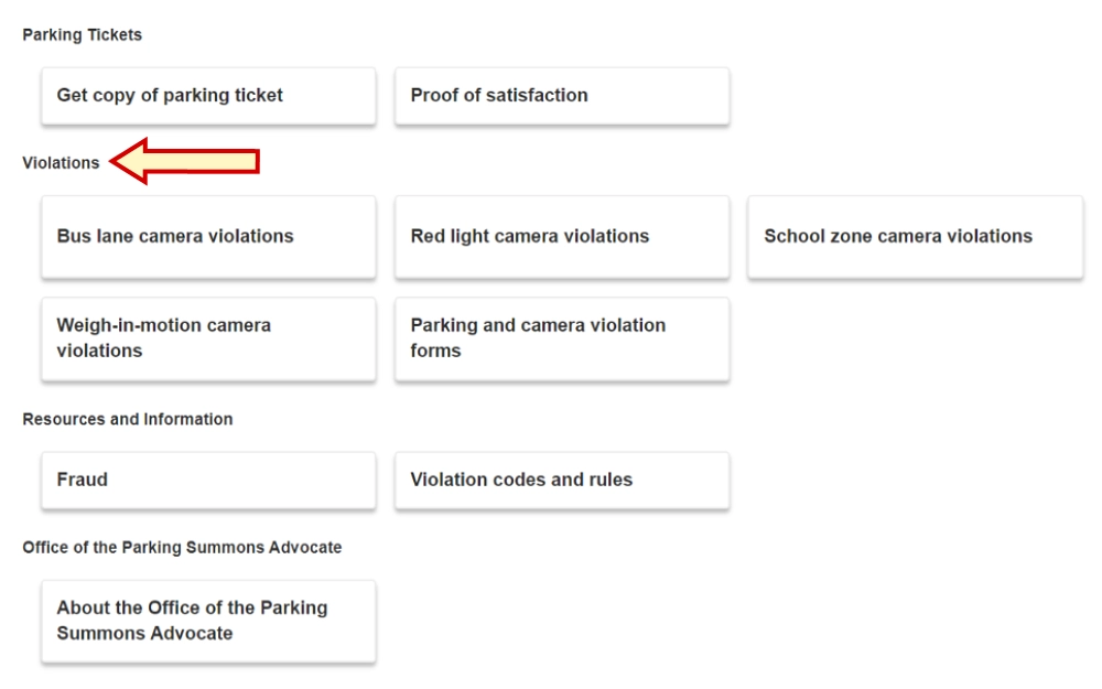 A screenshot showing the different categories such as parking tickets, violations, resources and information, and the office of the parking summons advocate from the New York City Police Department website.