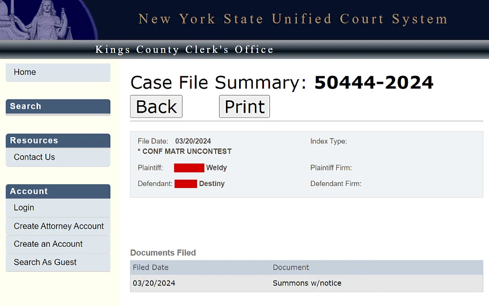 A screenshot displaying a case search with required fields such as index number, party role (plaintiff, defendant or either), attorney represented, and other additional details such as year, party and firm name from the Kings County Clerk's Office website.