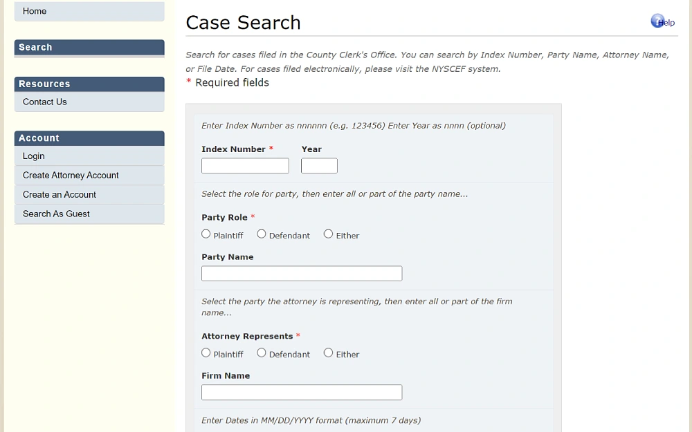 A screenshot showing a case file summary from the Kings County Clerk's Office displaying category options on the left side, case summary number, file date, index type, plaintiff and defendant's name and firm, date filed, and document.