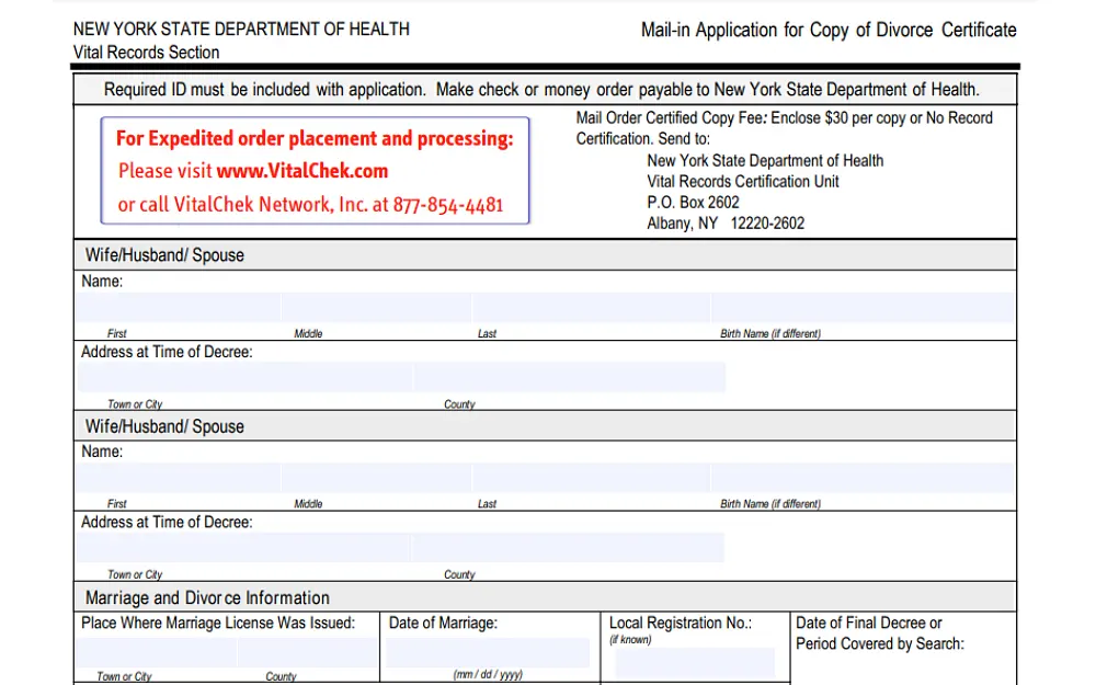 A screenshot of the New York State Department of Health, vital records section mail-in application for a copy of the divorce certificate with details to be filled in such as name, address at the time of the decree, spouse name and address at the time of the decree, marriage and divorce information.