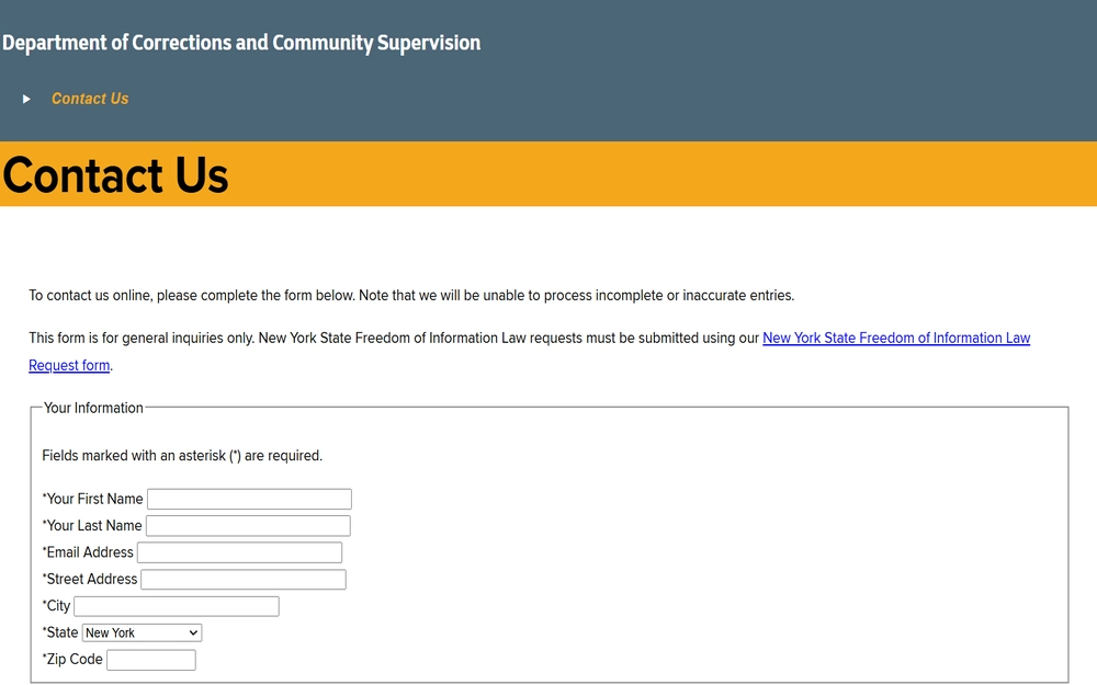 A screenshot of the contact form of the NYC Department of Corrections and Community Supervision, which is used for general inquiries about an incarcerated individual.