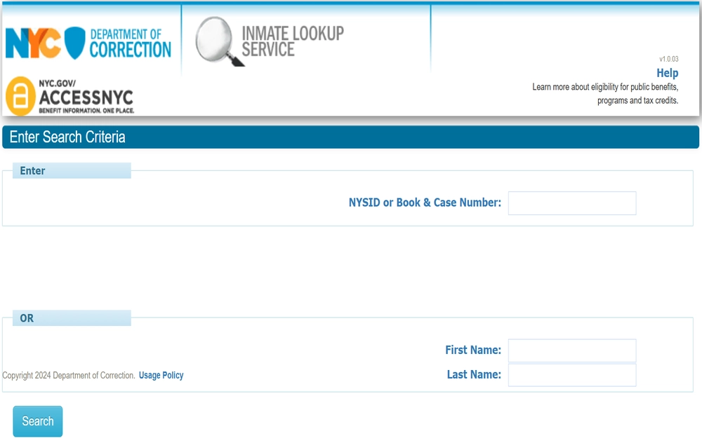 A screenshot of the Inmate Lookup Service that the NYC Department of Correction provides that is searchable by entering the subject's NYSID or book and case number, or their first and last name.