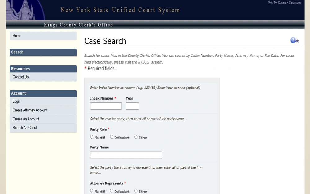 A screenshot of the Case Search tool of the King County Clerk's Office in the New York State Unified Court System with the following required fields to fill out: index number, party role, representing attorney, file date, and other info.