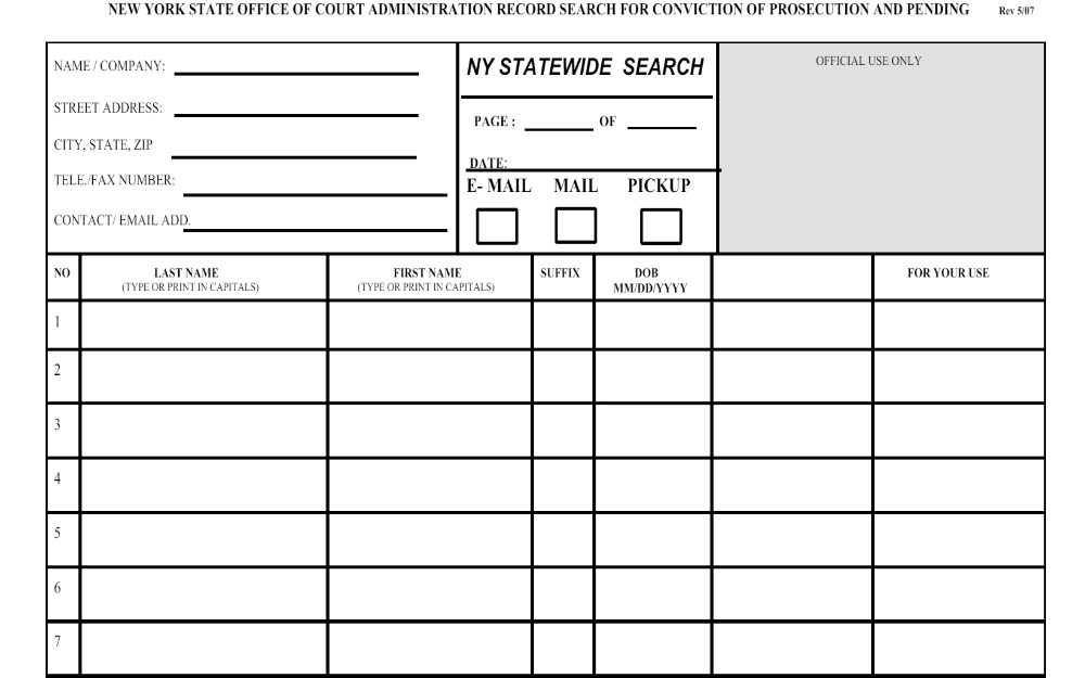 A screenshot of a form from the New York State Office of Court Administration for statewide searches regarding convictions and pending cases, containing fields for personal and contact details along with options for delivery method.