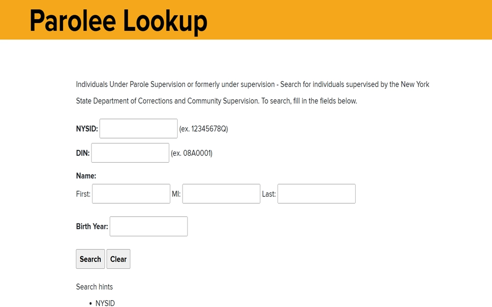 A screenshot of the Parolee Lookup tool provided by the New York City Department of Corrections and Community Supervision, which is searchable by providing the parolee's NYSID, DIN, first and last name, or birth year.